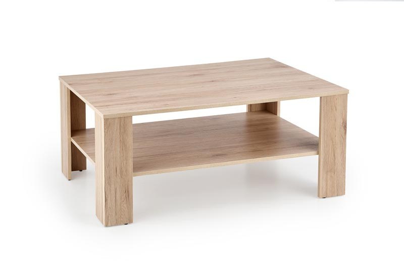 Widok z boku dębowej ławy KWADRO z półką i prostokątnym blatem.