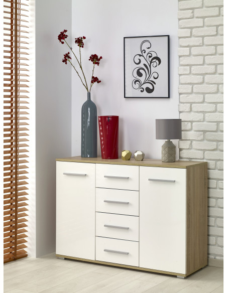 LIMA KM-4 Komoda Dąb/Biały 116/40/82 cm - Nowoczesny Akcent w Domu