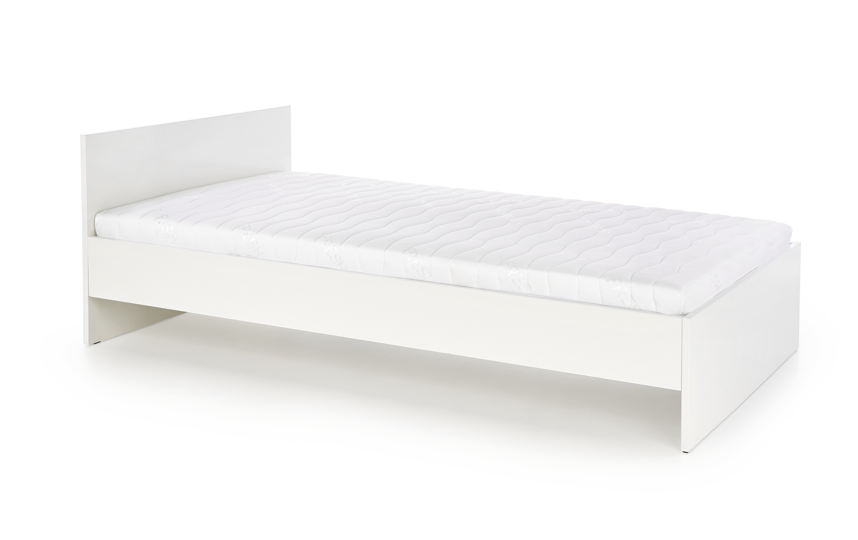 Białe łóżko LIMA 90 cm w minimalistycznym stylu z wysokim połyskiem – widok z przodu.
