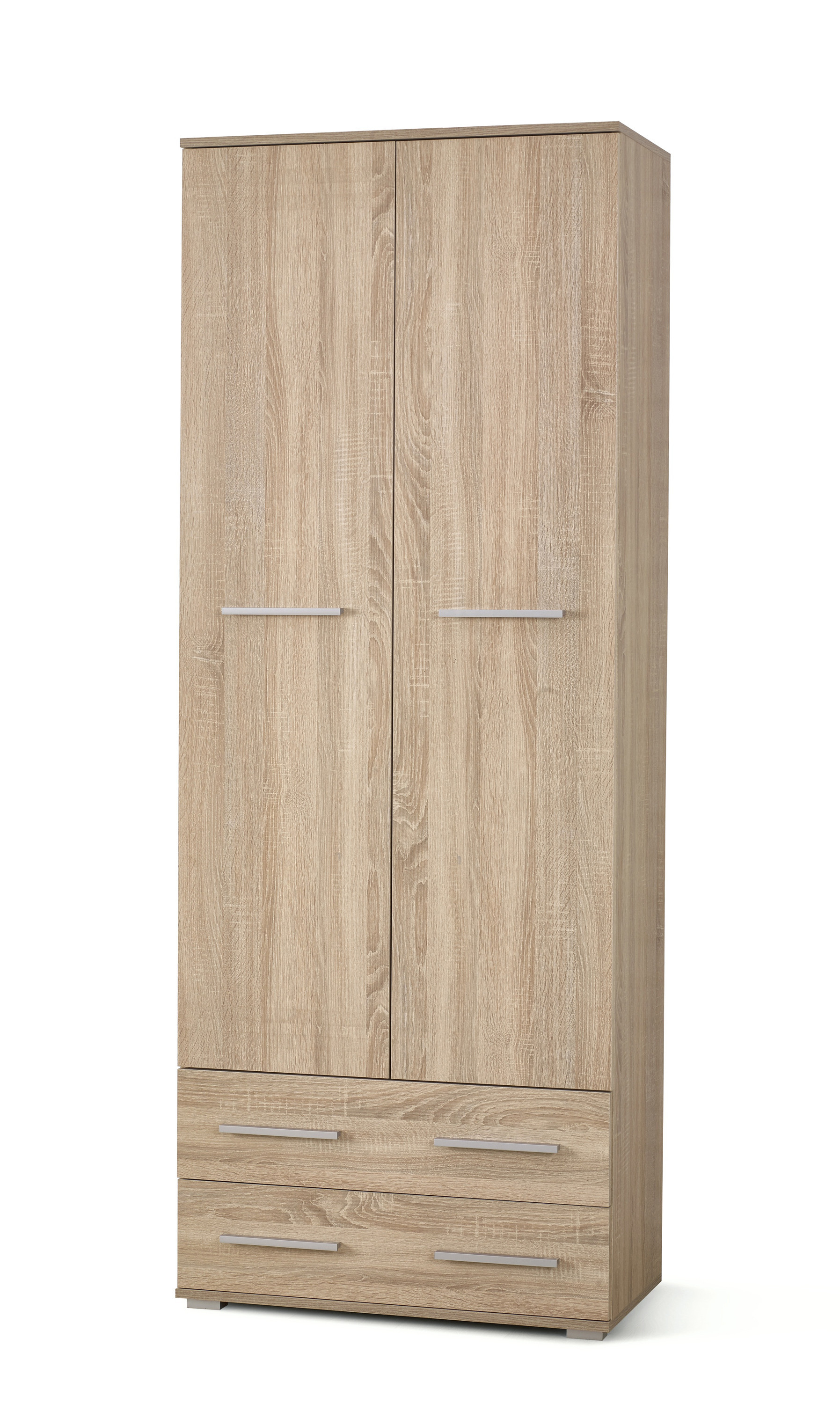 Regał LIMA REG2 w kolorze dąb sonoma z dwoma drzwiami i trzema szufladami – widok z przodu.