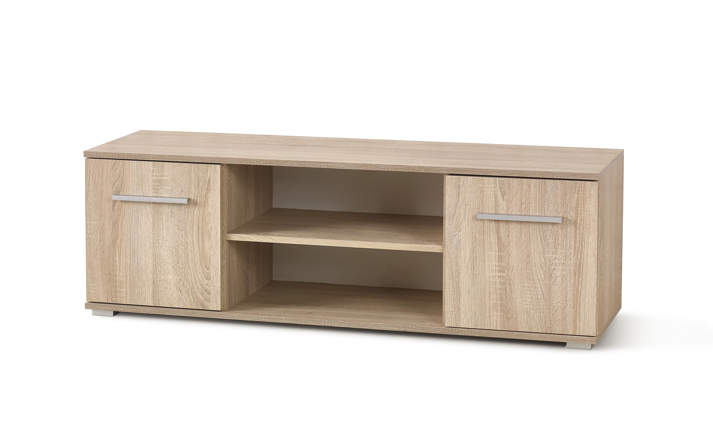 Szafka RTV LIMA RTV1 z dębu sonoma z dwoma drzwiami i otwartymi półkami – widok z przodu.