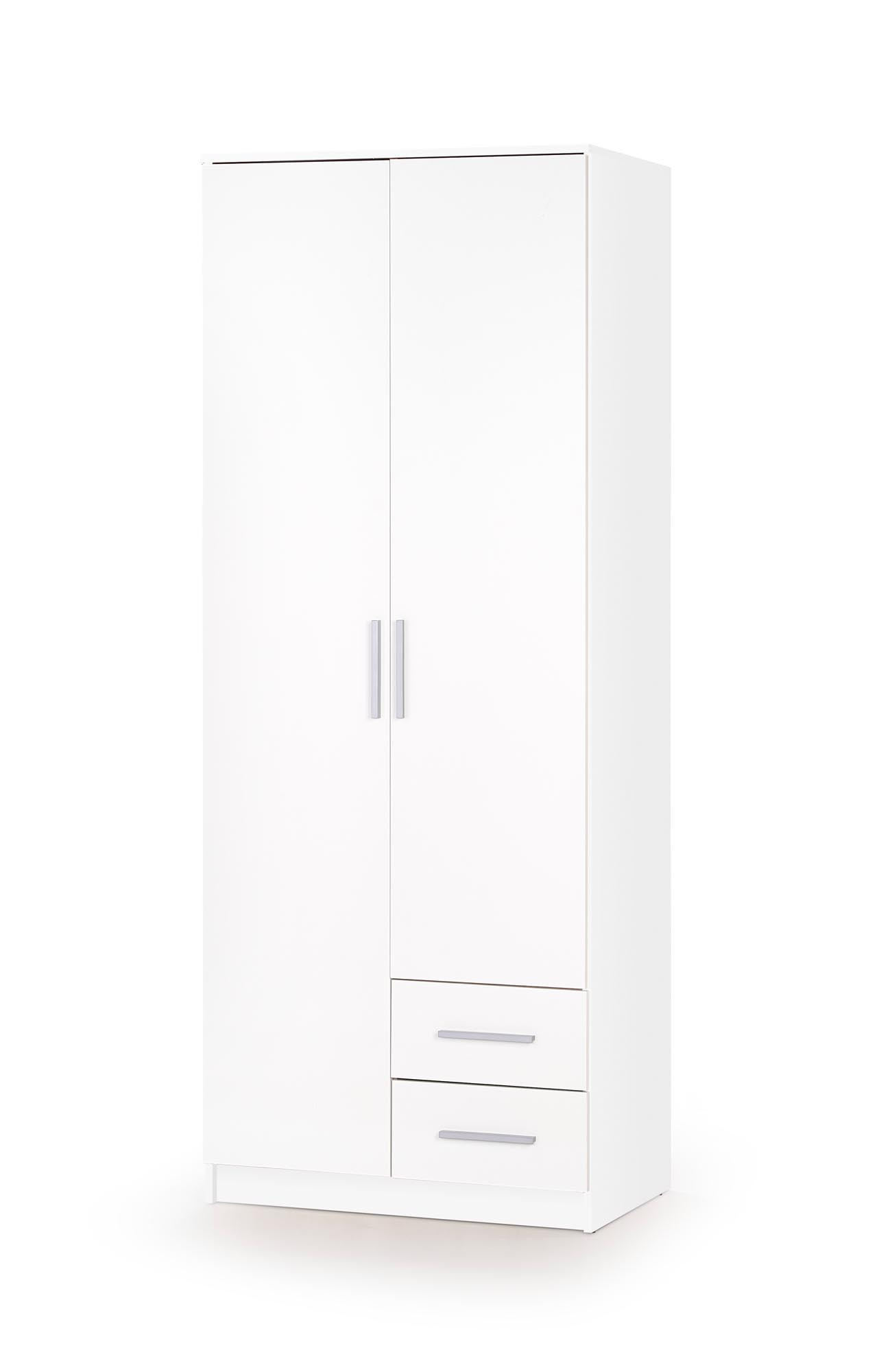 Szafa LIMA S-2 z białym połyskiem, otwarte drzwi, widoczne półki, szuflady i drążek.