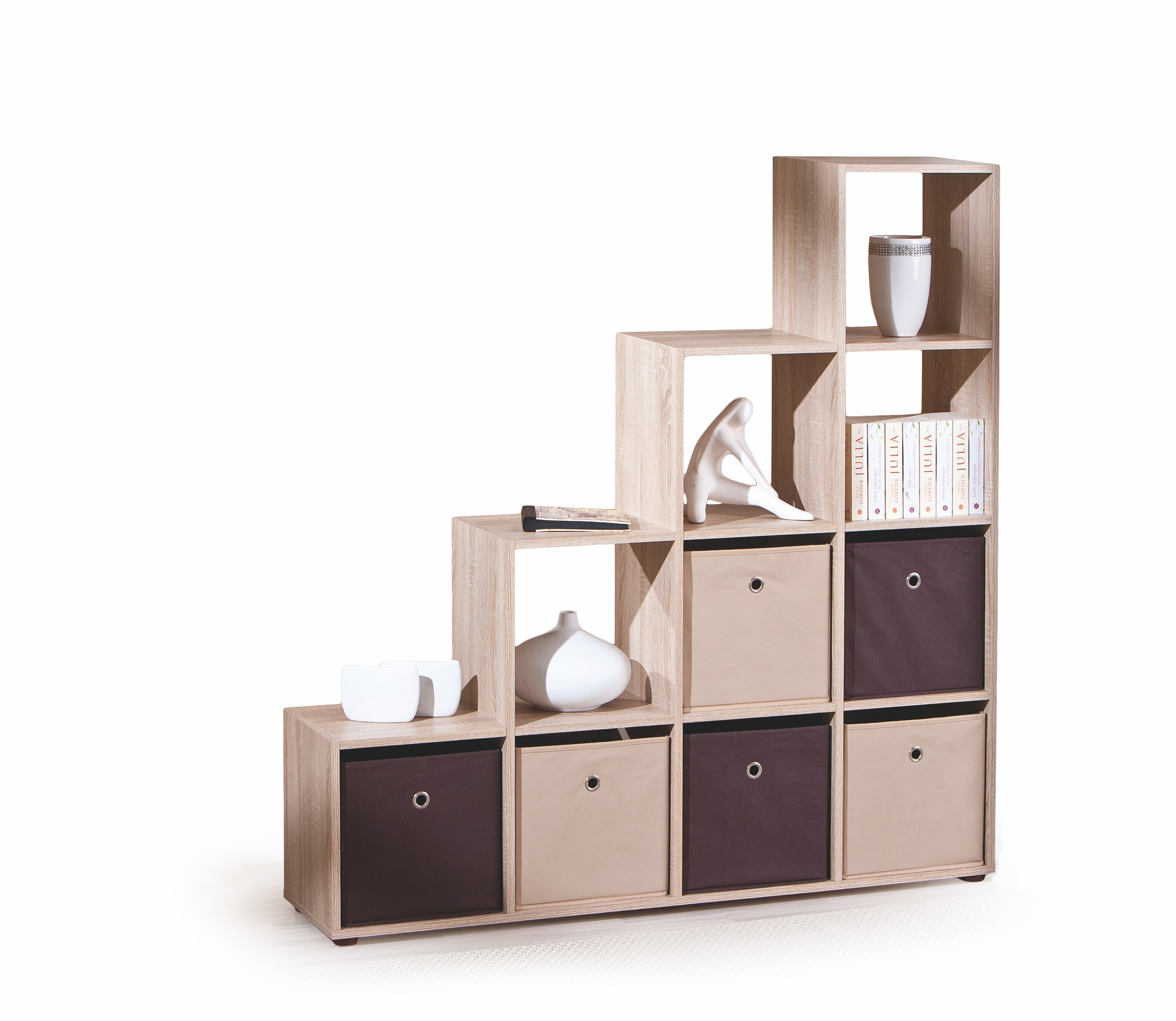 Regał LUINI dąb sonoma z półkami i szufladami w kolorze beżowym i brązowym – widok z przodu.