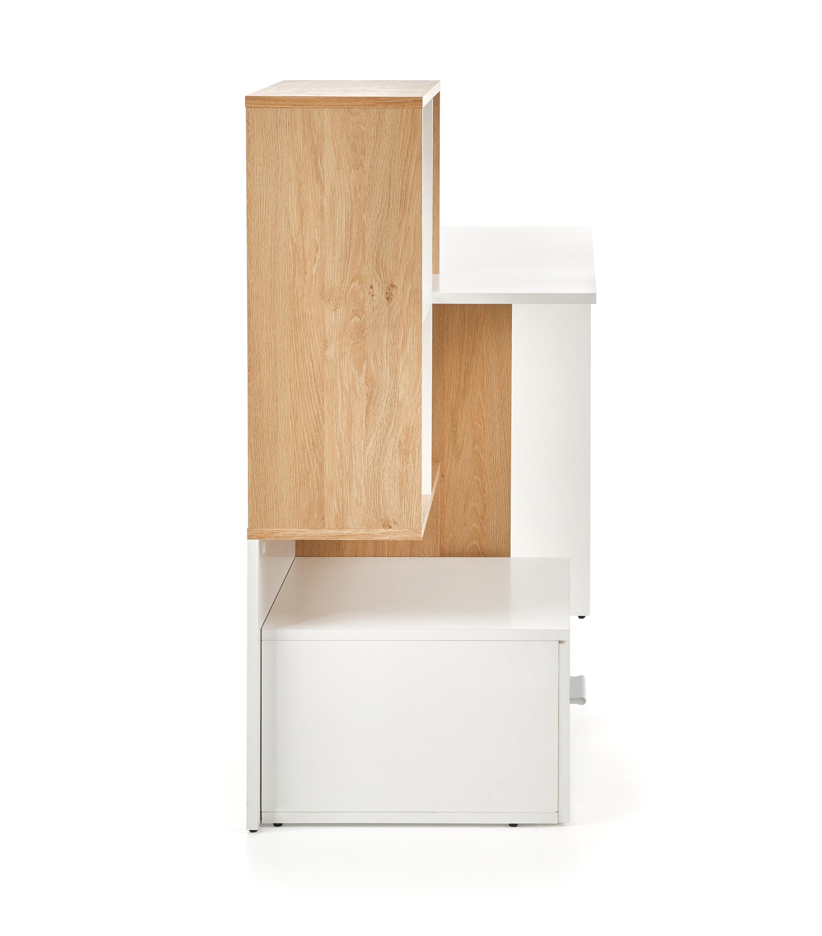 Otwarta szuflada biurka GROSSO w kolorze białym i dębowym, z książkami i przyborami biurowymi.