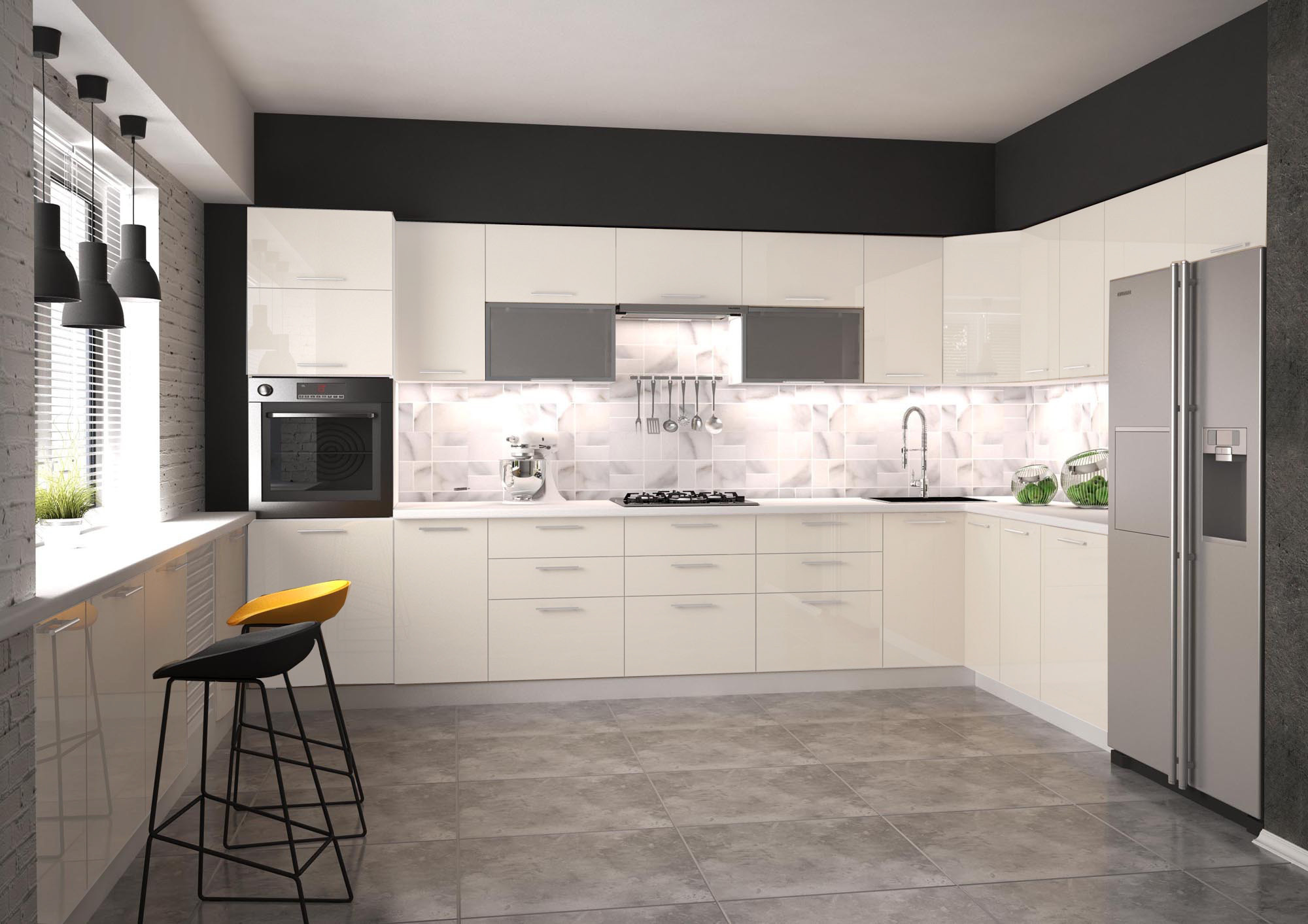 Przykładowa aranżacja kuchni wykonanej z szafek z serii VENTO z frontami w kolorze beżowym.