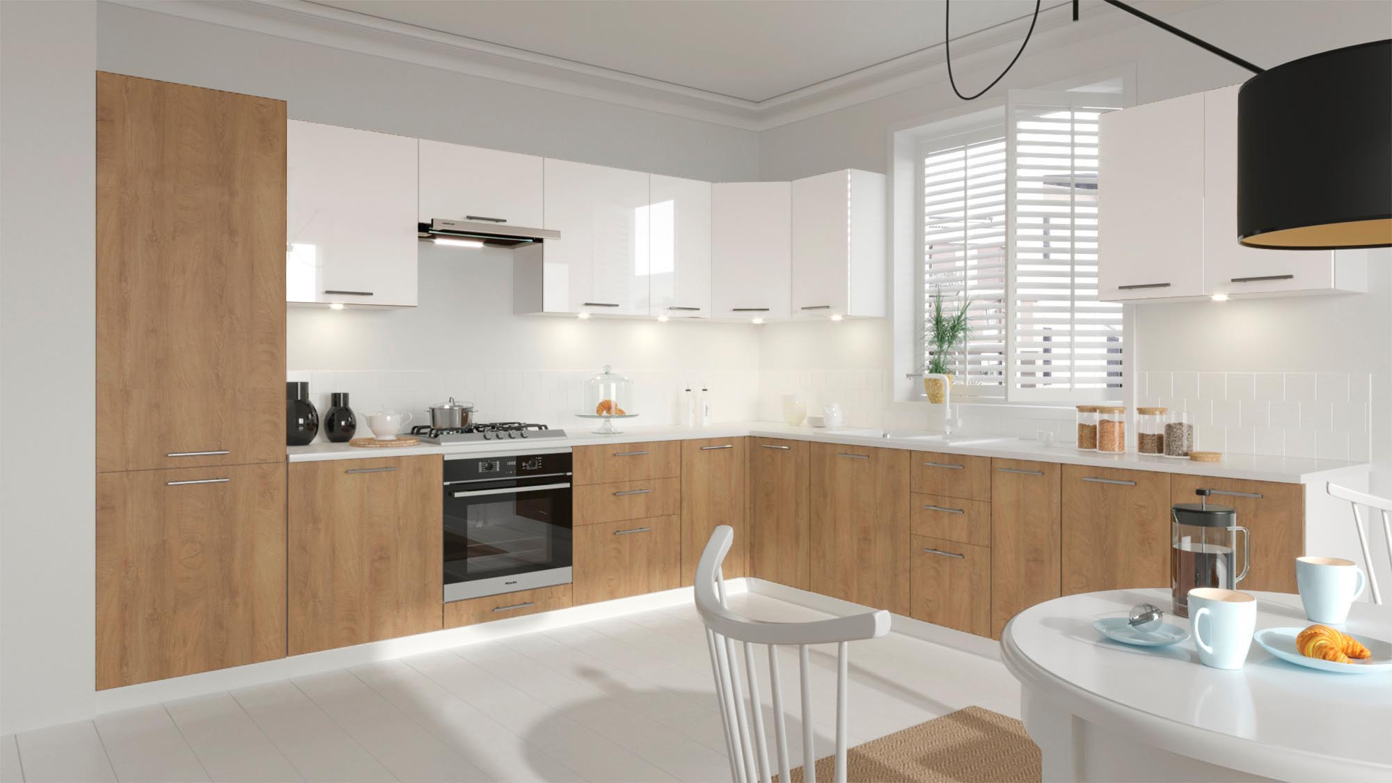 Przykładowa aranżacja kuchni wykonanej z szafek z serii VENTO z frontami górnymi w kolorze białym oraz frontami dolnymi w kolorze dąb miodowy mat.