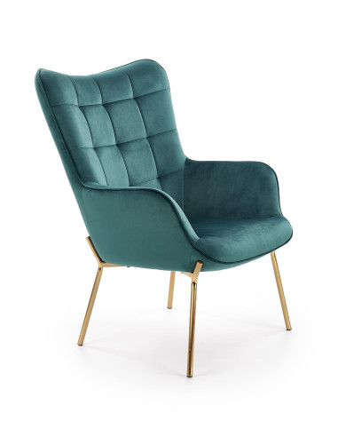 CASTEL Fotel Wypoczynkowy Pikowany Ciemnozielony | Velvet ze Złotymi Nogami