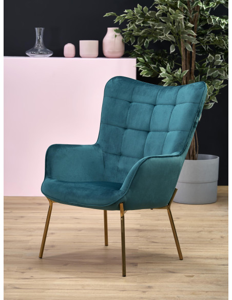CASTEL Fotel Wypoczynkowy Pikowany Ciemnozielony | Velvet ze Złotymi Nogami