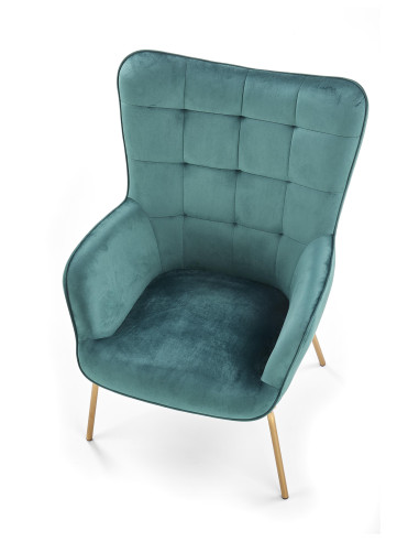 CASTEL Fotel Wypoczynkowy Pikowany Ciemnozielony | Velvet ze Złotymi Nogami