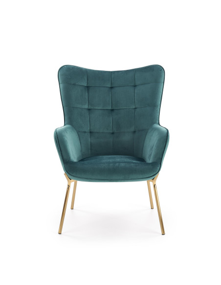 CASTEL Fotel Wypoczynkowy Pikowany Ciemnozielony | Velvet ze Złotymi Nogami