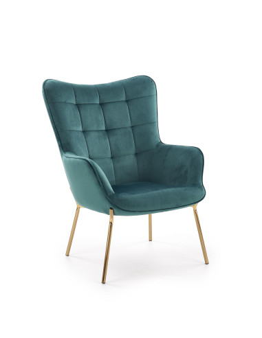 CASTEL Fotel Wypoczynkowy Pikowany Ciemnozielony | Velvet ze Złotymi Nogami