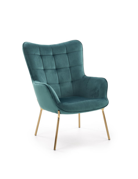 CASTEL Fotel Wypoczynkowy Pikowany Ciemnozielony | Velvet ze Złotymi Nogami