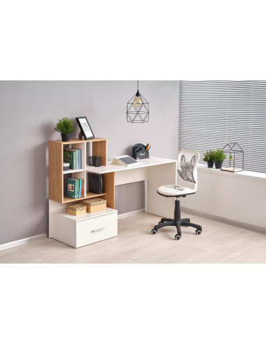 GROSSO Biurko 149/50/105 cm Dąb Złoty/Biały z Szufladą i Półkami- Praktyczne