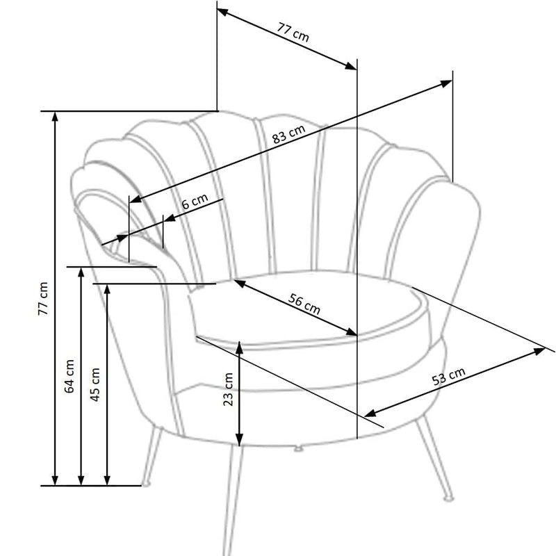 Wymiarowanie popielatego fotela AMORINITO z aksamitu na złotych nogach – widok z przodu.