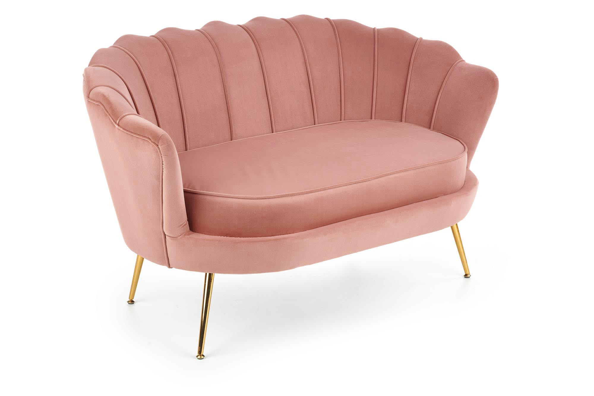 Jasnoróżowy fotel AMORINITO XL z aksamitu na złotych nogach – widok z przodu.