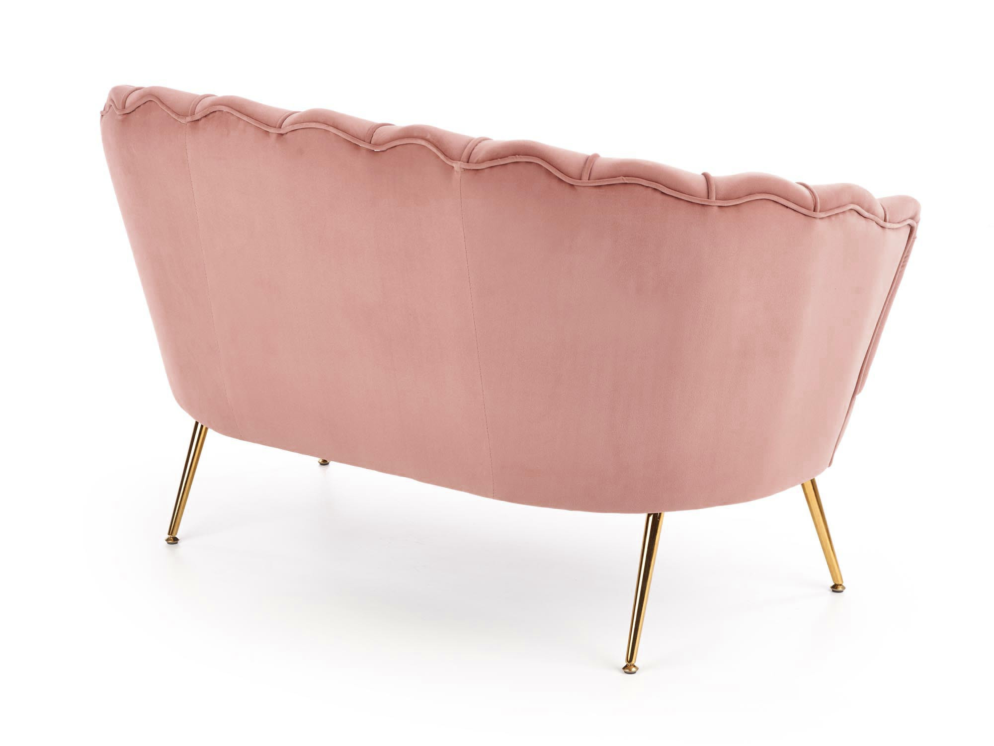 Tylny widok jasnoróżowego fotela AMORINITO XL z aksamitu na złotych nogach.