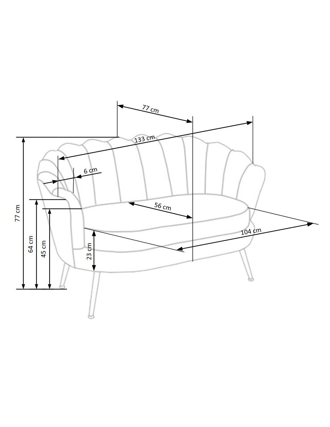 Wymiarowanie popielatego fotela wypoczynkowego AMORINITO XL z velvetu i złotymi nogami – widok z przodu.
