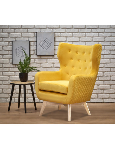 MARVEL Fotel Wypoczynkowy USZAK Pikowany Żółty Velvet - Komfortowy Relaks