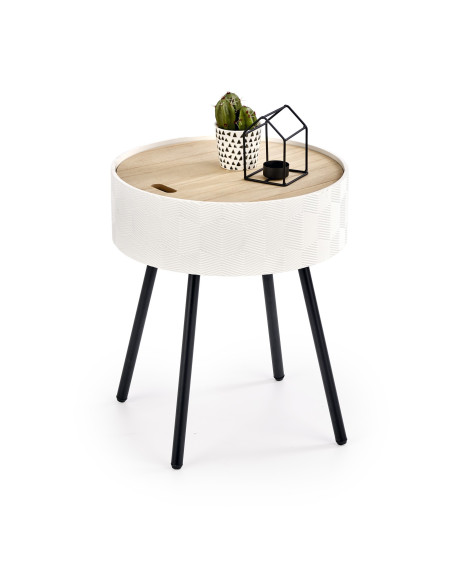 AURA Okrągła Ława fi38/45 cm z Pojemnikiem | Biały/Naturalny/Czarny