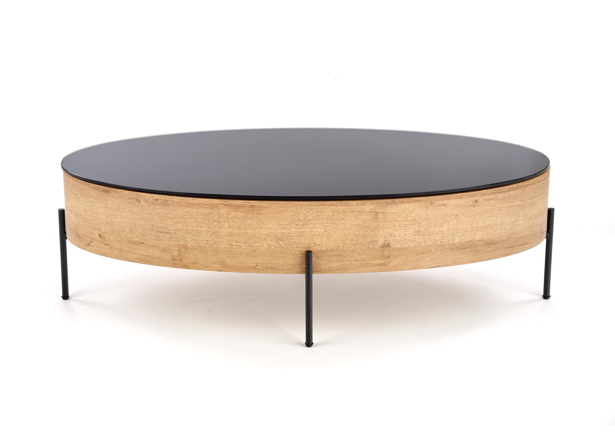 Szklana ława ZENGA z pojemnikiem, dąb złoty, czarny blat – widok z boku.