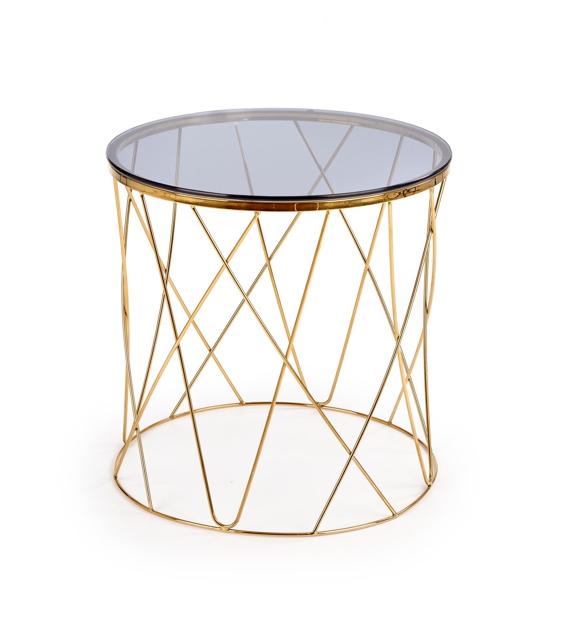 Zbliżenie na szklany blat i złoty stelaż okrągłej ławy SELENA.