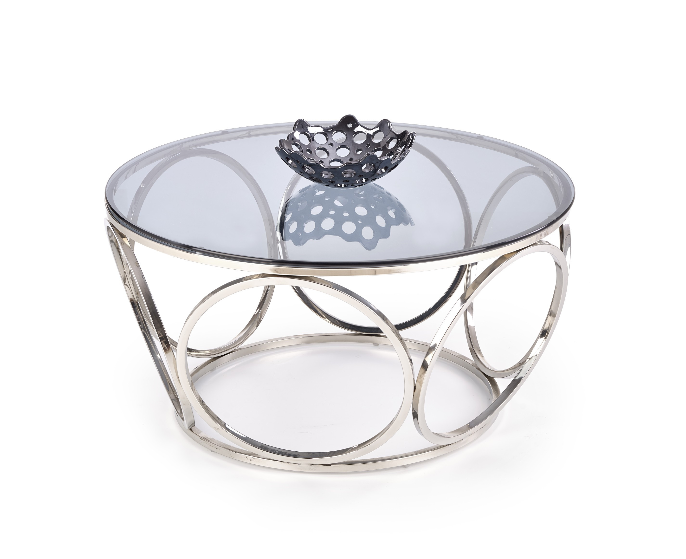 Okrągła ława VENUS z dymionego szkła i srebrnym metalowym stelażem – widok z przodu.