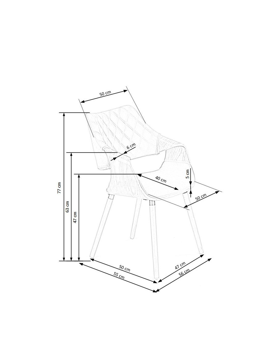 Wymiarowanie krzesła K396 z popielatym pikowanym velvetem i jasnym dębowym wykończeniem – widok z boku.
