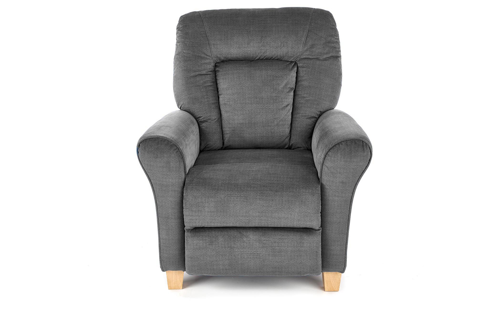 Przedni widok rozkładanego fotela BARD w kolorze popielatym z drewnianymi nogami.