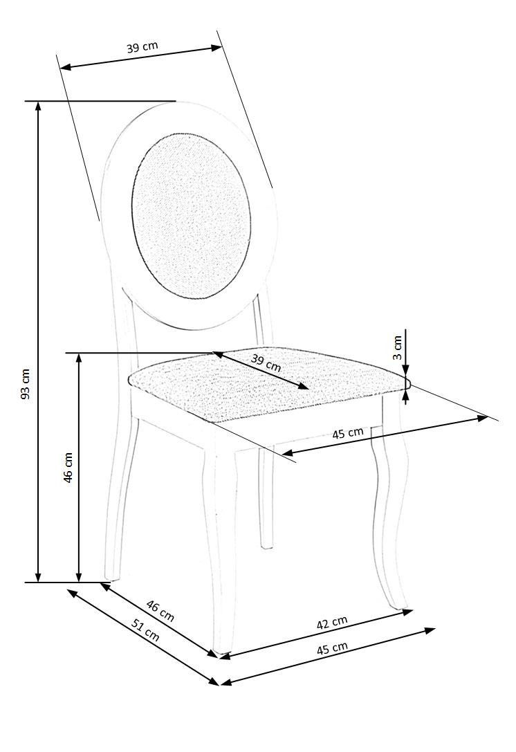 Wymiarowanie białego i popielatego krzesła BAROCK z okrągłym oparciem – widok z boku.