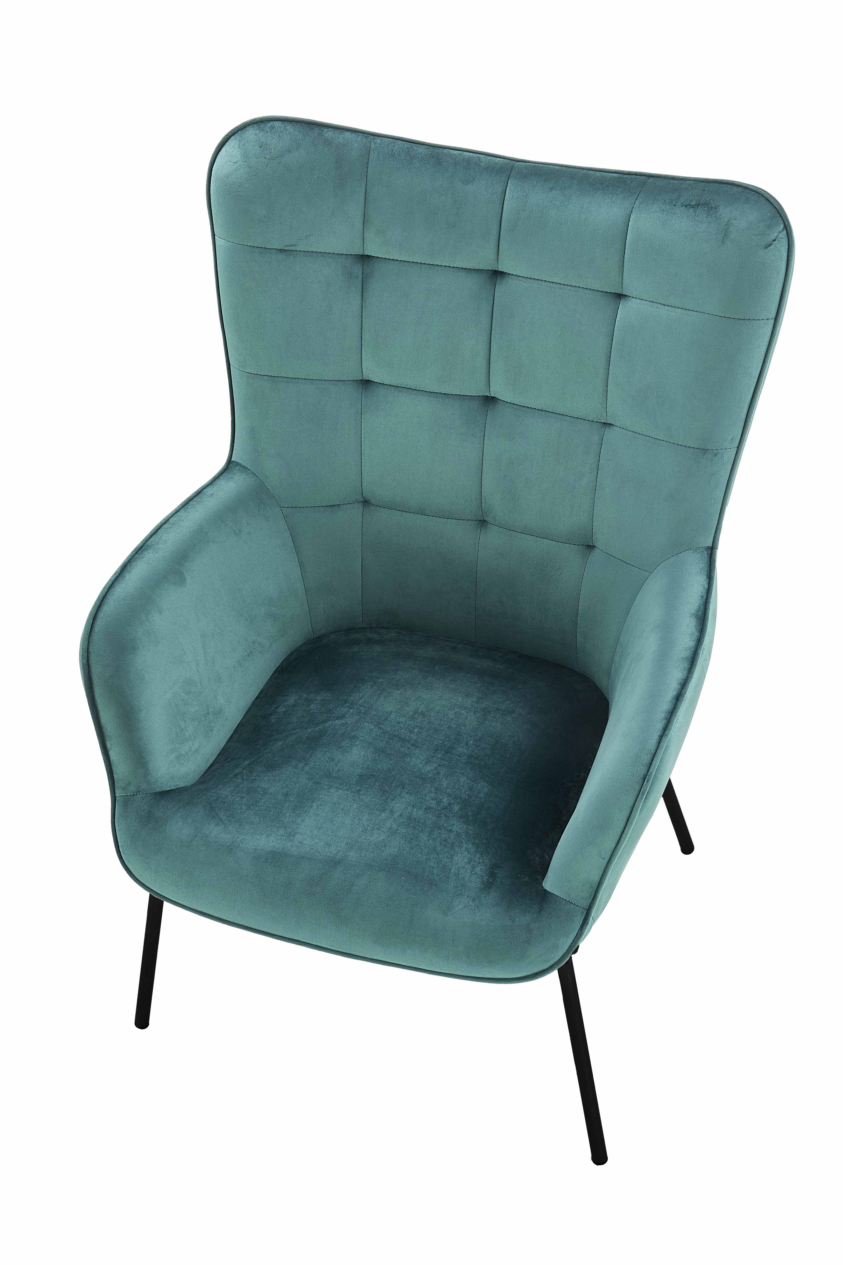 Ciemnozielony fotel CASTEL z pikowanym oparciem i czarnymi nogami – widok z góry.