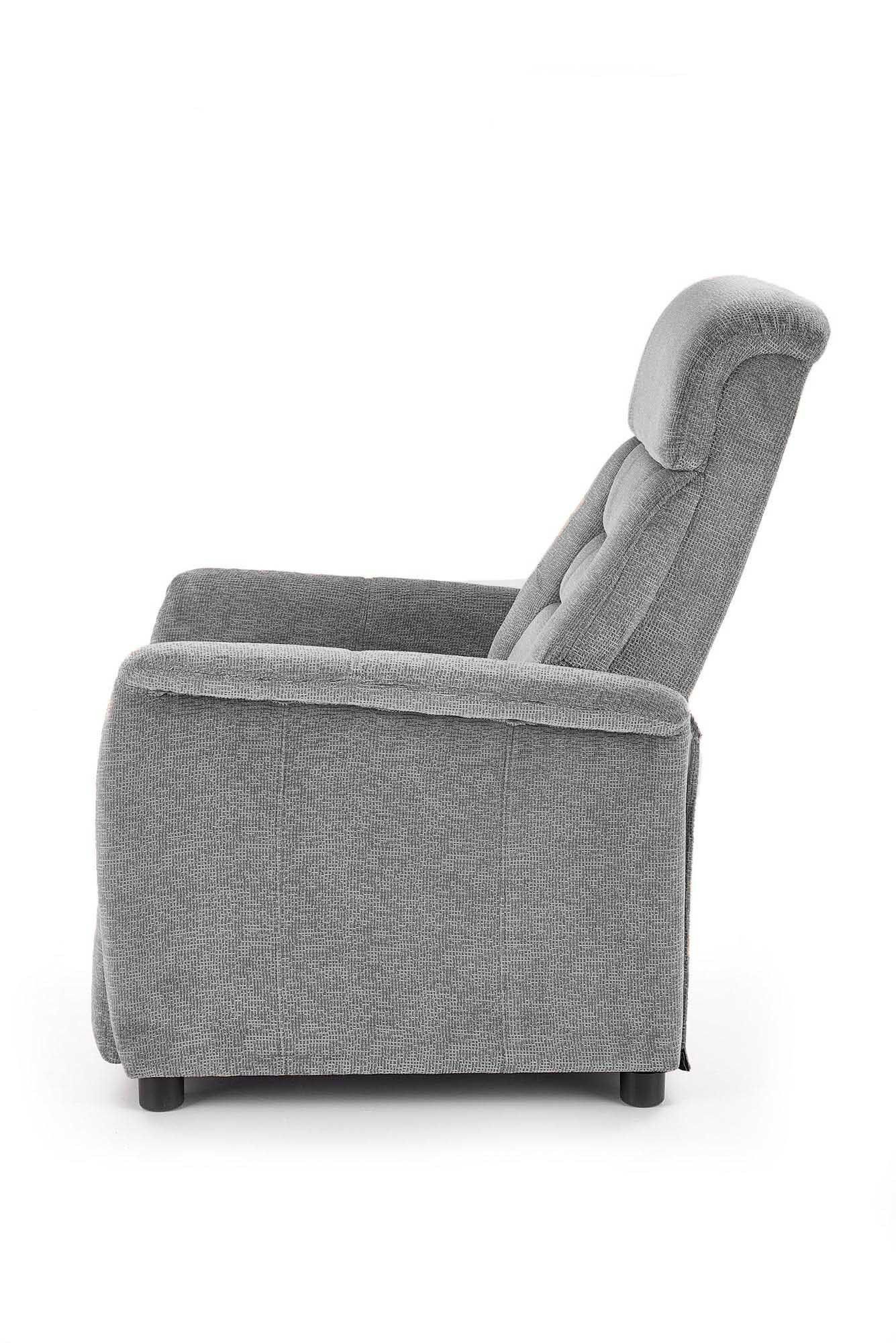 Popielaty fotel rozkładany JORDAN – widok z boku, widoczne wymiary produktu.