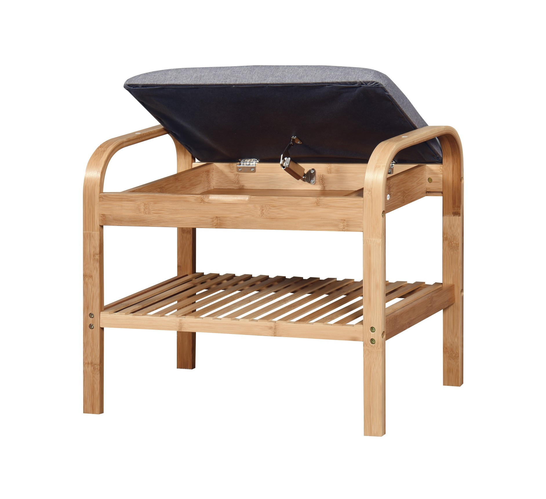 Widok z przodu stojaka na buty ST12 z siedziskiem z naturalnego bambusa, otwarte siedzisko ukazuje schowek.