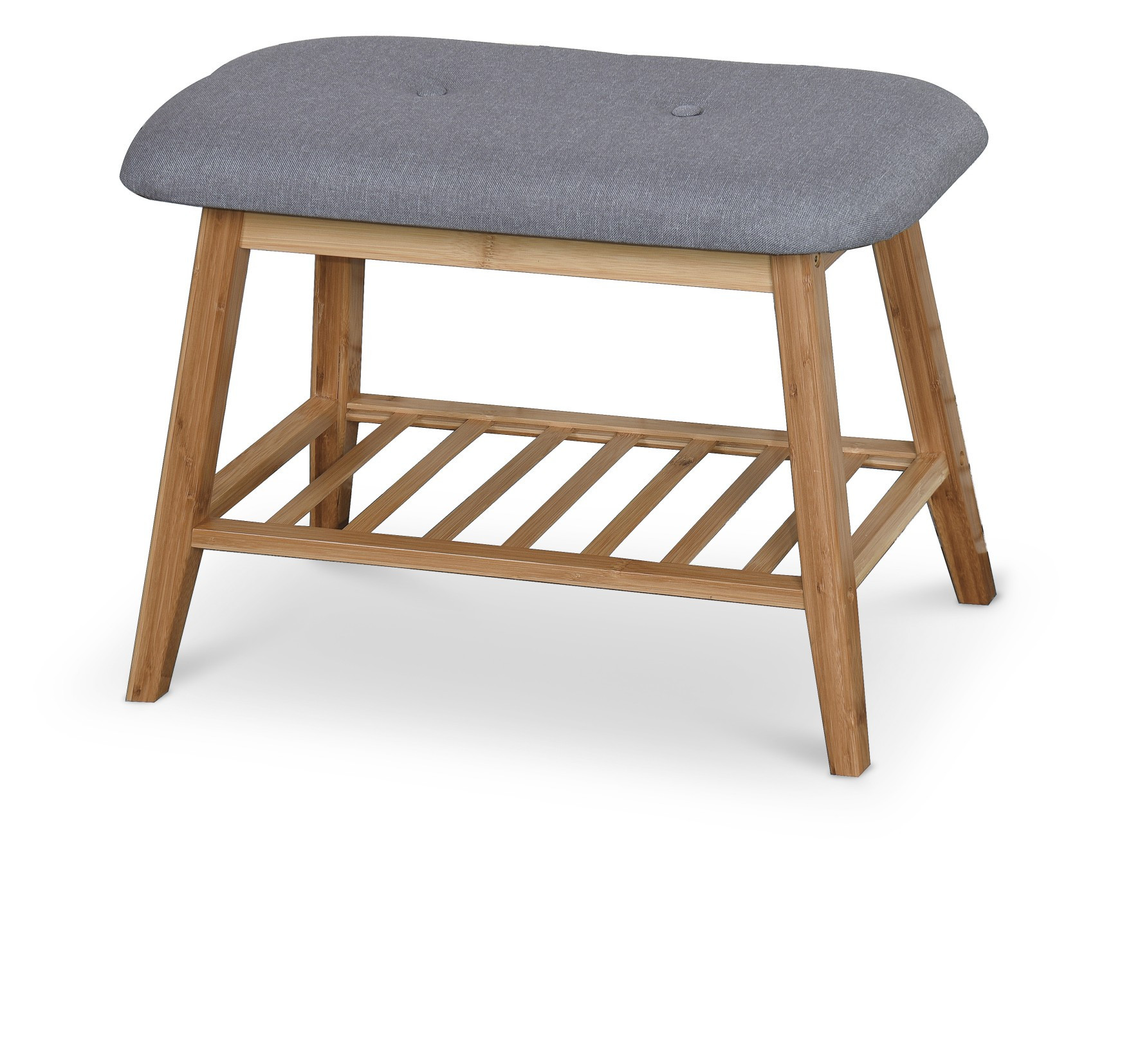 Wielofunkcyjne siedzisko bambusowe z szarym obiciem i półką na buty – widok z przodu.