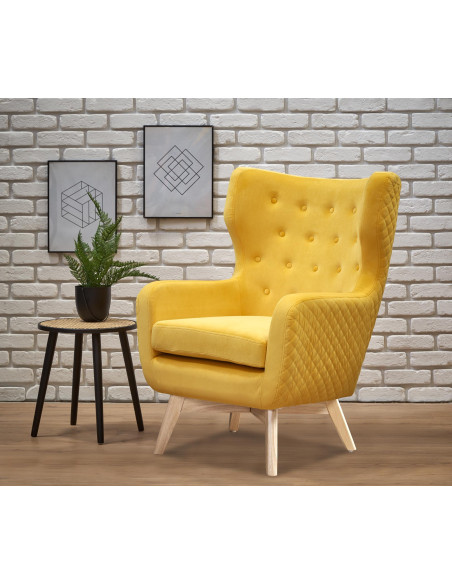 MARVEL Fotel Wypoczynkowy USZAK Pikowany Żółty Velvet - Komfortowy Relaks