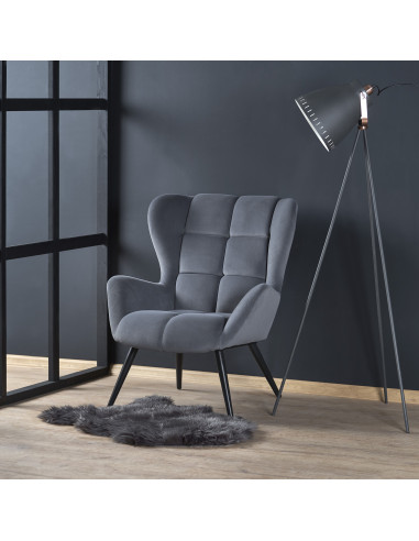 TYRION Fotel Wypoczynkowy Uszak Popiel Velvet, Nogi Czarne - Komfort i Styl