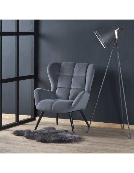 TYRION Fotel Wypoczynkowy Uszak Popiel Velvet, Nogi Czarne - Komfort i Styl