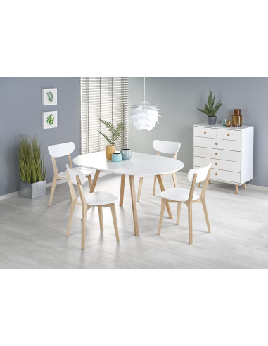 RUBEN Stół Okrągły Rozkładany Fi102-142cm Biały Mat/Dąb Miodowy