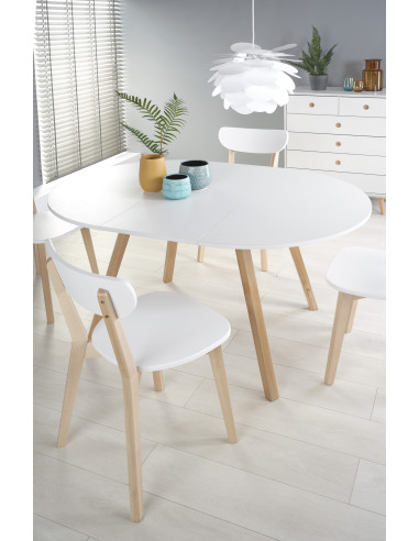 RUBEN Stół Okrągły Rozkładany Fi102-142cm Biały Mat/Dąb Miodowy