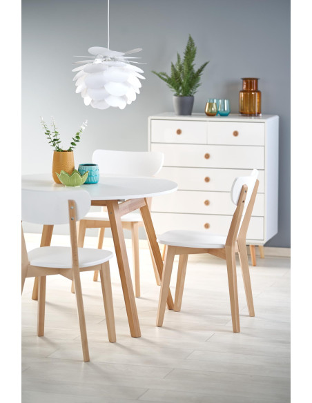 RUBEN Stół Okrągły Rozkładany Fi102-142cm Biały Mat/Dąb Miodowy