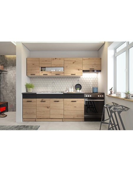 ALINA 240 cm Zestaw Kuchenny Dąb Artisan/Czarny Mat - Przestrzeń i Elegancja
