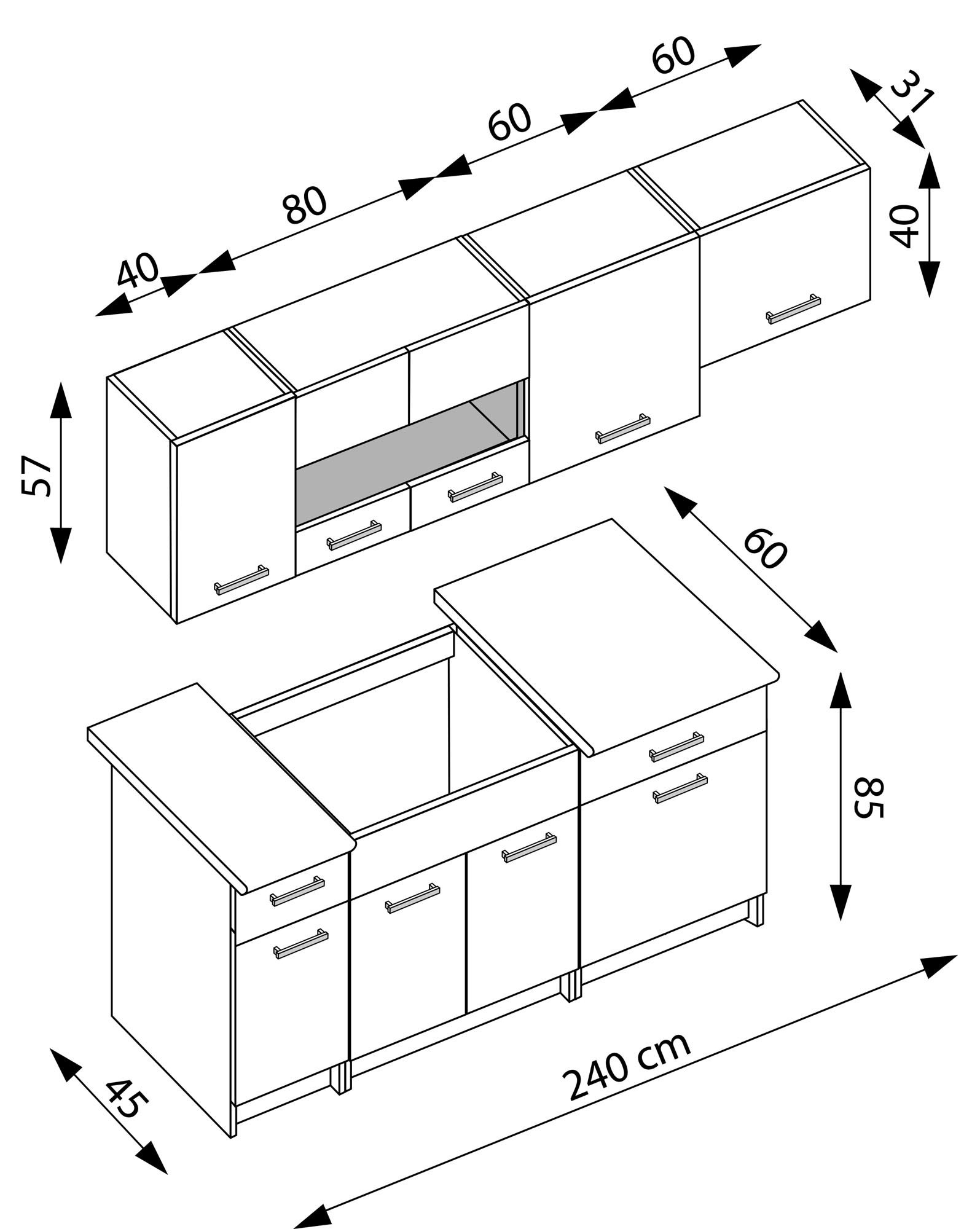 Wymiarowanie zestawu kuchennego ALINA 240 cm w kolorze dąb sonoma i wanilia.