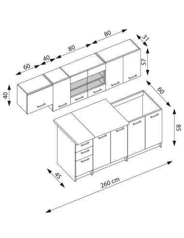 PERŁA Zestaw Kuchenny 260cm Dąb Artisan/C. Popiel - prowadnice Metabox