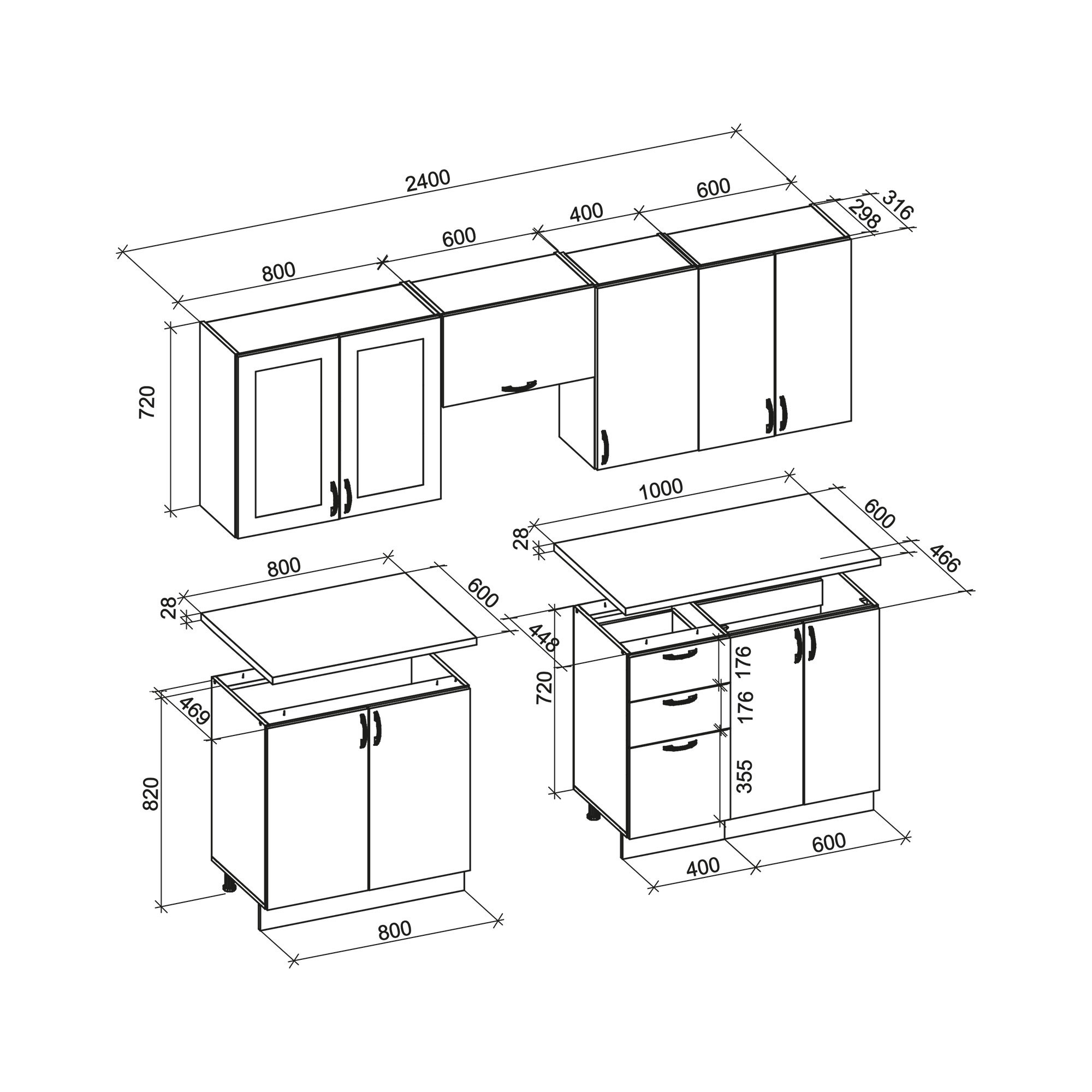 Wymiarowanie zestawu kuchennego ELIZABETH 240 cm w białym macie i dąb sonoma.