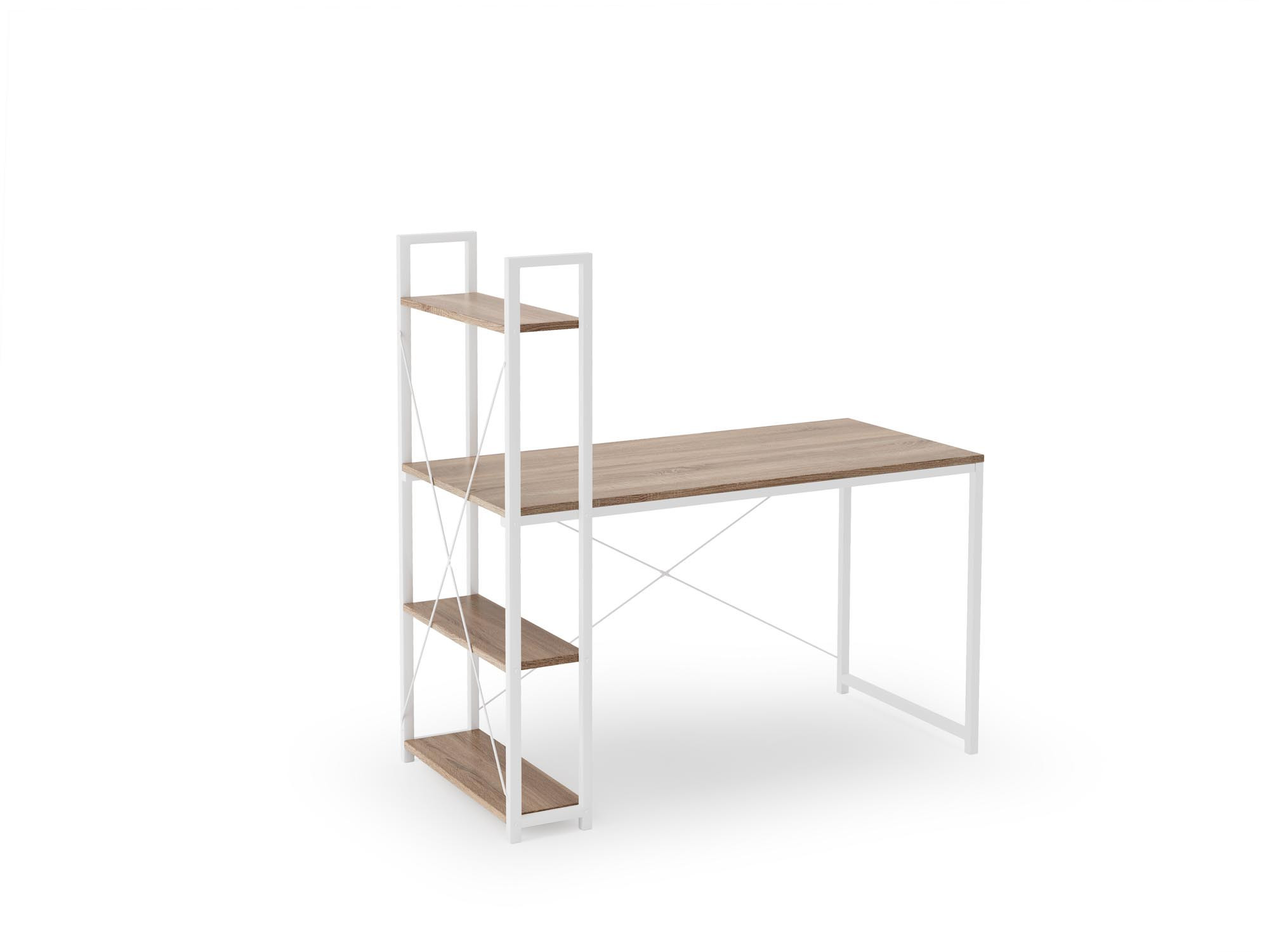 Biurko loftowe NARVIK B1 w kolorze biały dąb sonoma z trzema półkami po lewej stronie – widok z przodu.