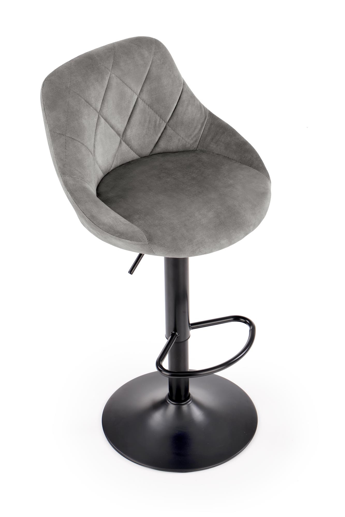 Widok z przodu popielatego hokera H101 Velvet z czarną podstawą i subtelnymi przeszyciami.