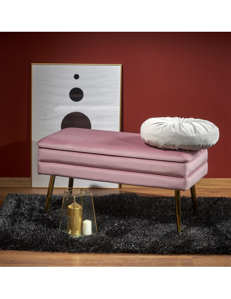VELVA Ławka Glamour z Pojemnikiem Różowa Złote Nóżki - Akcent Glamour