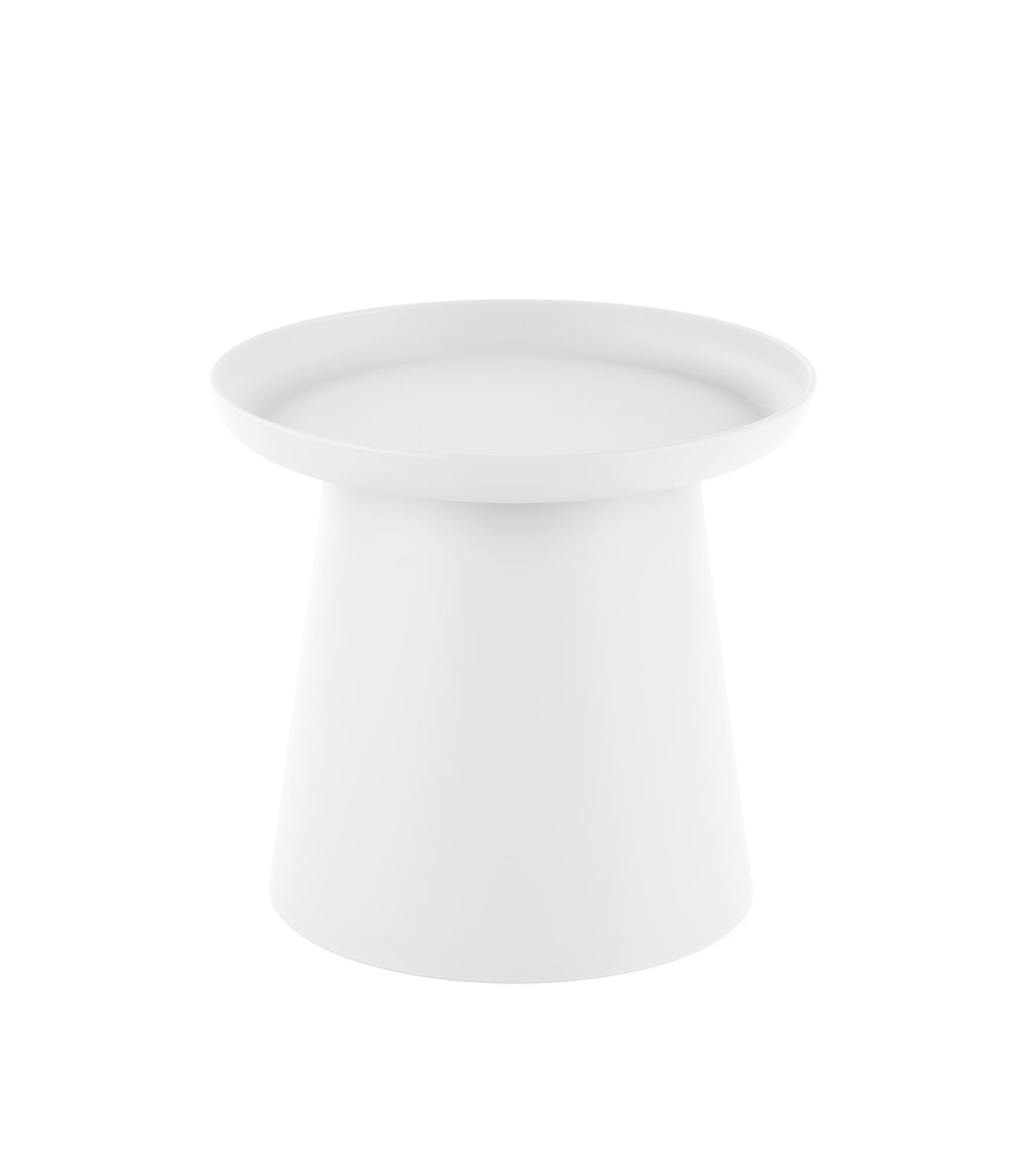 Przedni widok białej okrągłej ławy ALEXIS o minimalistycznym designie.