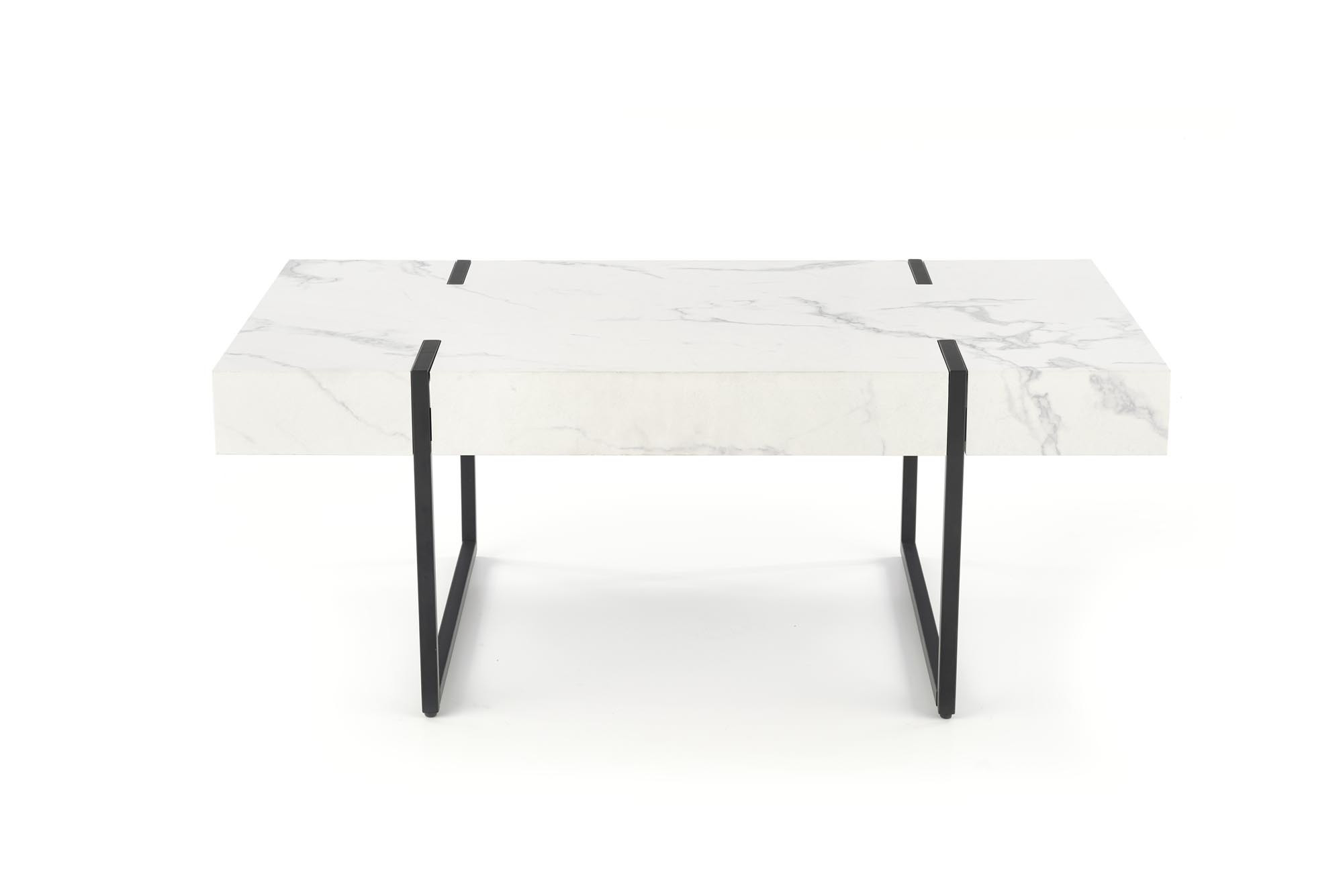 Stolik kawowy BLANCA z białym marmurowym blatem i czarną metalową podstawą – widok z przodu.
