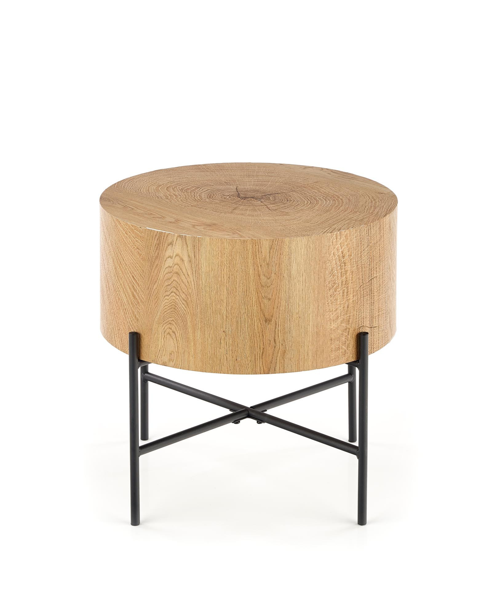 Okrągła ława BROOKLYN S z naturalnego dębu i czarnymi nogami – widok z przodu.