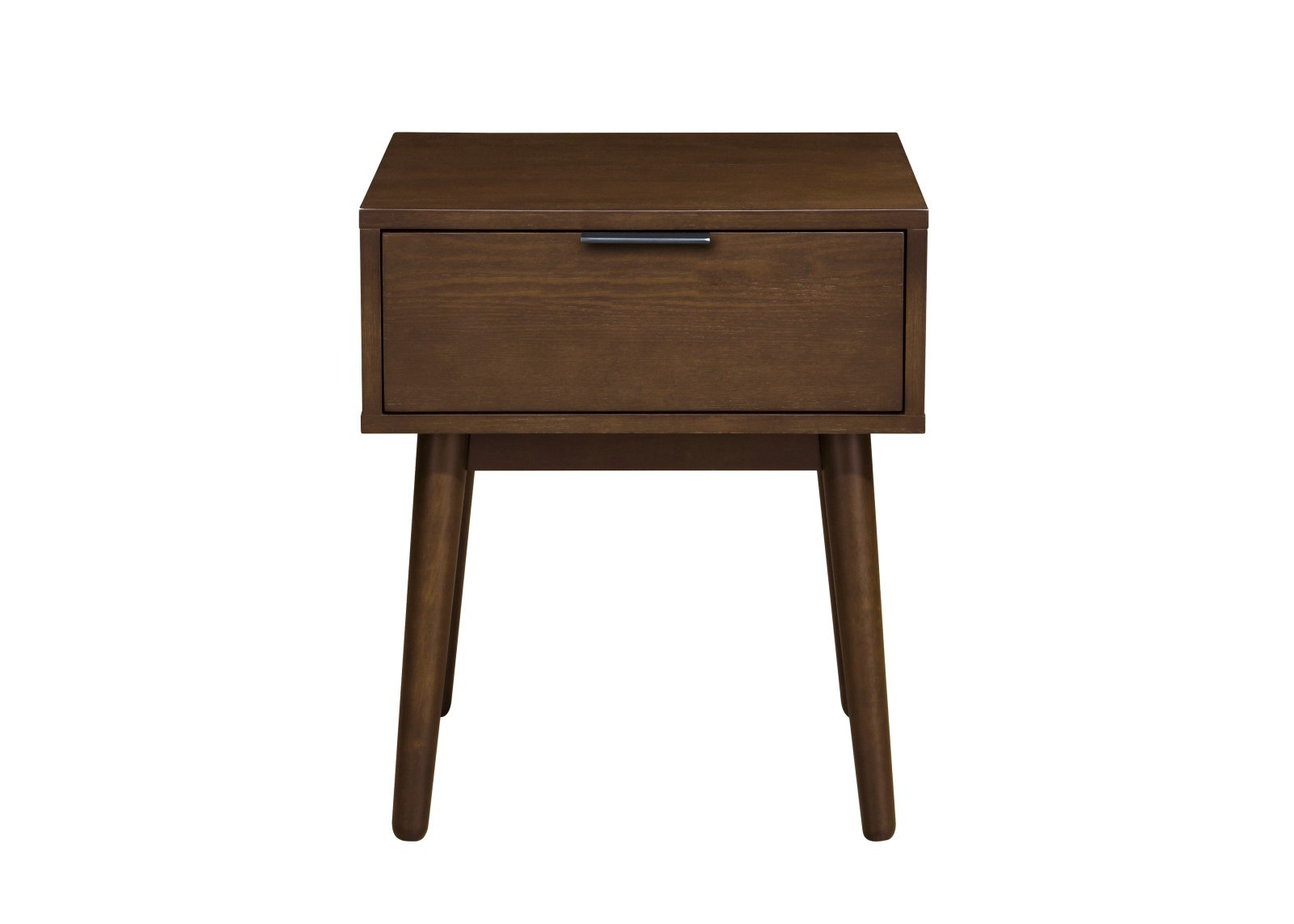 Widok z przodu szafki nocnej CASSINA z orzecha, z jedną szufladą i prostymi, drewnianymi nogami.